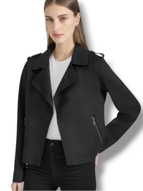 Bagatelle Collection Women’s Black Moto Drape Front Jacket Faux Suede